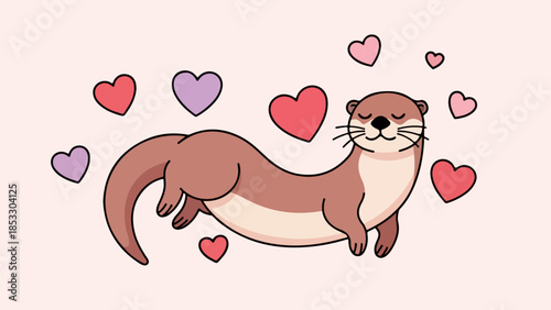 Brown otter with raised paws surrounded by scattered hearts in a digital illustration