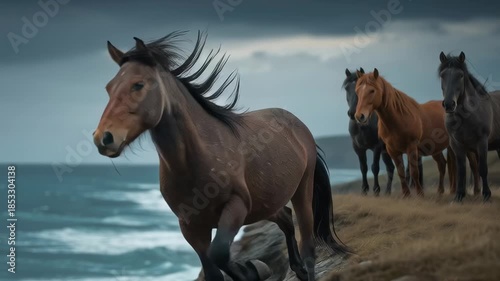 Group of wild horses standing on a windy coastal cliff above the ocean, showing unity strength and calm presence in a dramatic natural landscape