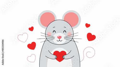 Gray mouse with pink cheeks holding a red heart surrounded by multiple red hearts