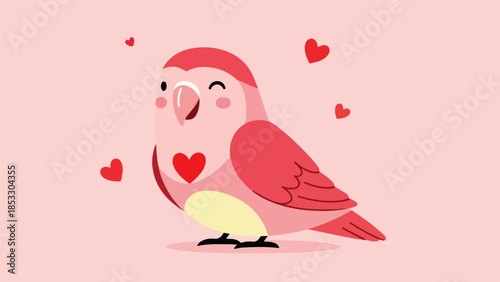 Stylized parrot with red heart marking on pink background with floating hearts