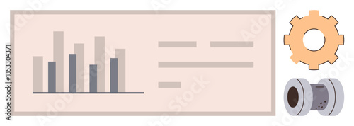 Bar chart with varied heights, orange gear, and metal pipe joint representing analytics, technology, and industrial design. Ideal for data visualization, teamwork, engineering, manufacturing