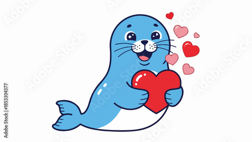 Cheerful blue seal holding a large red heart with smaller red hearts floating around