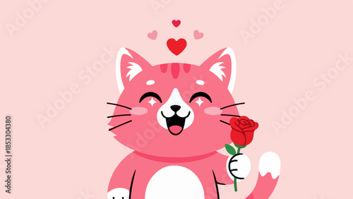 Cheerful cartoon pink cat holding a red rose with floating hearts