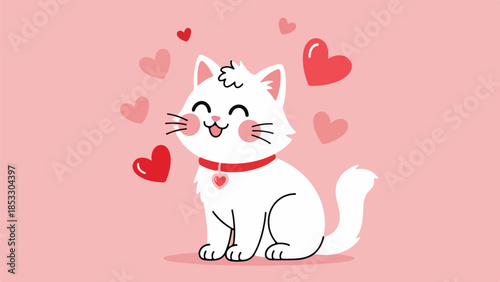 White cat with red collar and heart pendant surrounded by floating red hearts