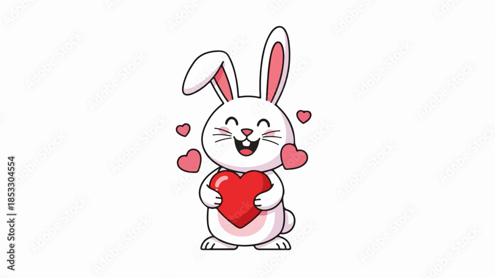 Obraz premium Cheerful white rabbit with pink ears and red hearts on neutral background