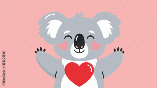 Playful cartoon koala holding a red heart on a pink background