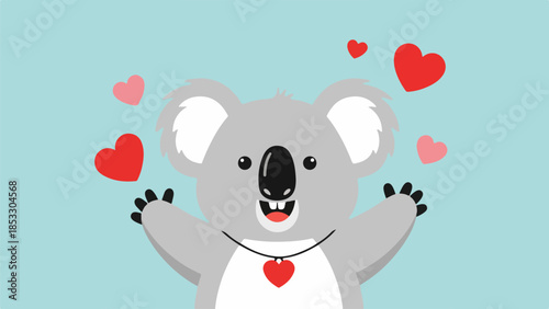 Friendly koala with red heart necklace and floating hearts on light blue background