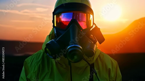 A man wearing a bright yellow jacket and gas mask stands against a sunset backdrop. The gas mask and vibrant colors accentuate the dramatic mood of this outdoor scene.
