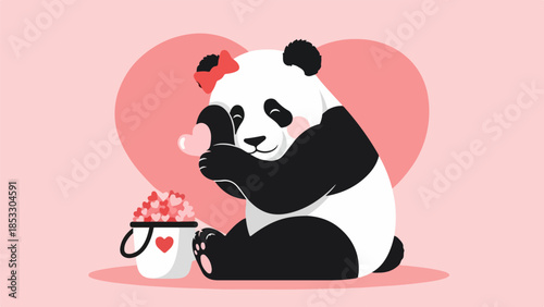 Black and white panda holding a heart shape with a teacup and red flowers on a soft pink background