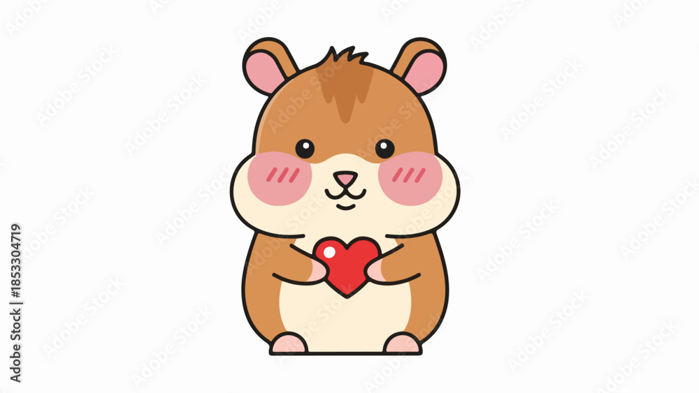 Fototapeta premium Cartoon hamster holding a red heart on a beige background