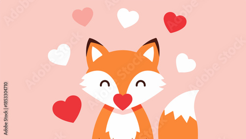 Cheerful cartoon fox with heart-shaped nose surrounded by red and white hearts