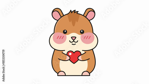 Cartoon hamster holding a red heart on a beige background