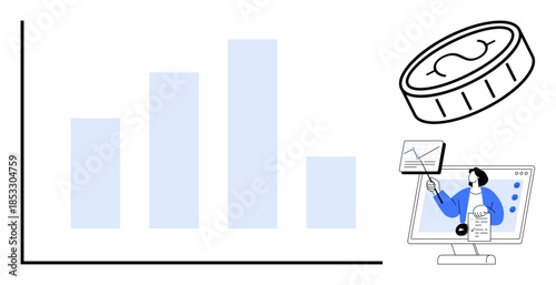 Financial concept. Financial bar graph, digital screen with analysis, and coin investment. Financial data visualization for reports, trading, business growth, and infographics