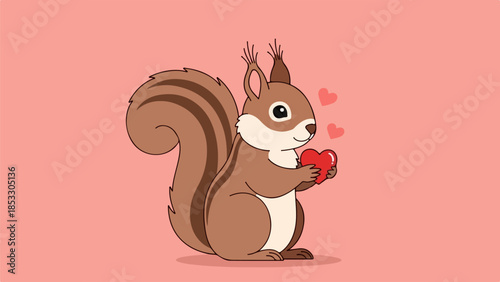 Lively brown squirrel holding a red heart with floating hearts around it