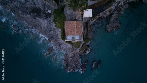 Drone aerial view of Torre Crestarella in Vietri sul Mare on the Amalfi Coast in Italy
