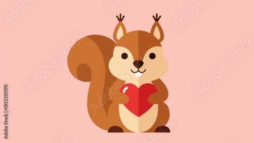 Cartoon illustration of a brown squirrel holding a red heart on a pink background