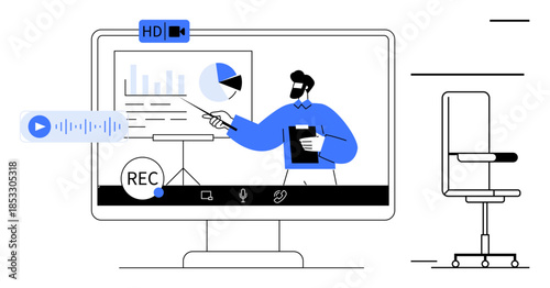 Video conferencing, virtual meetings, online education, business presentations, digital media, remote work. A man gives a presentation with charts on a screen. Video conferencing and online education
