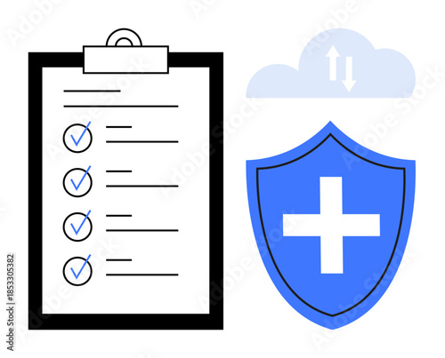 Healthcare, cybersecurity, data protection, cloud storage, risk assessment, preventive care. A checklist with blue checkmarks, a security shield and a cloud sync icon. Healthcare and cybersecurity