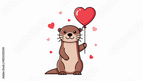 Upright otter with red heart-shaped balloon and scattered hearts on light beige background