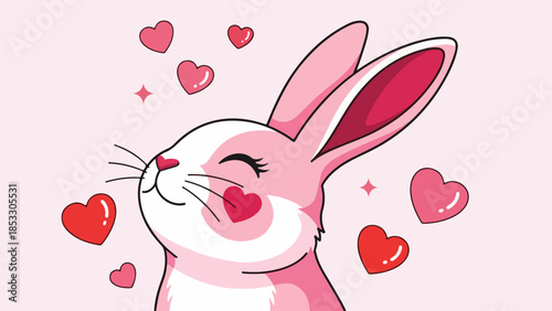 Whimsical rabbit with pink fur and heart-shaped bubbles on light pink background