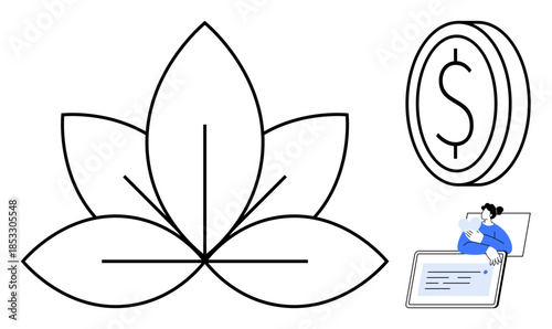 Financial planning. Lotus flower growth and Zen, dollar coin money, and woman using a tablet for financial planning. Covers growth, money management, meditation, personal finance, digital tools