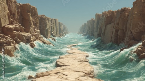 Large waves hit the rocky cliffs beside a narrow stone pathway in a coastal area during midday. The blue water and clear sky create a bright scene.