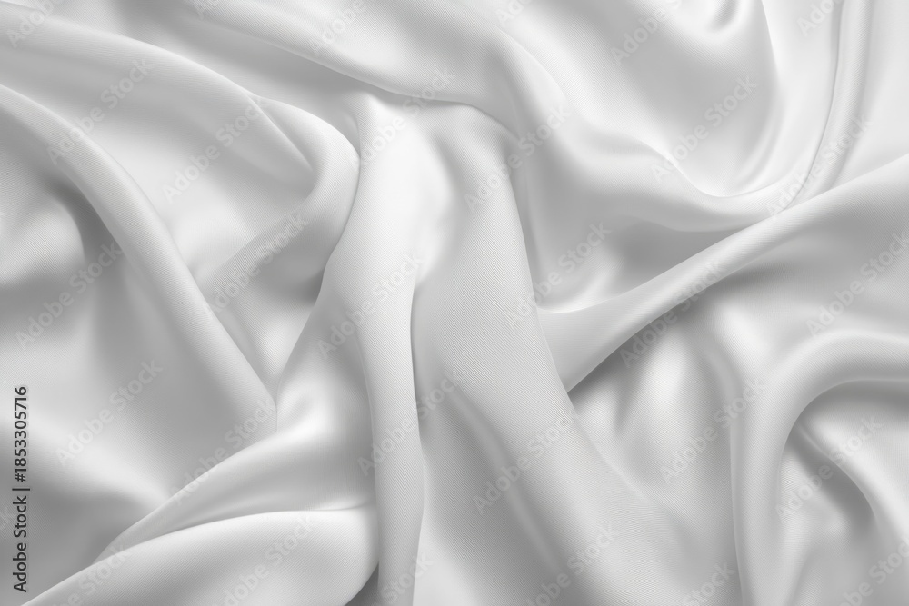 Obraz premium Luxurious creamy fabric forms elegant folds on solid white background, creating soothing visual flow under soft lighting. Neural network AI generated