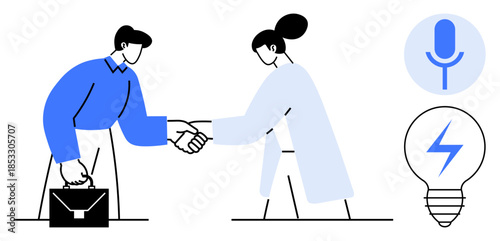 Business partnership, innovation, communication, teamwork, technology, ideas. Two individuals shaking hands with microphone and light bulb symbols. Business partnership and innovation concept