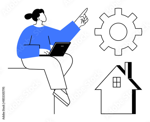 Remote work, automation, home office, technology development, teamwork, digital solutions. Person with laptop pointing, gear symbol house icon. Remote work and automation conceptual
