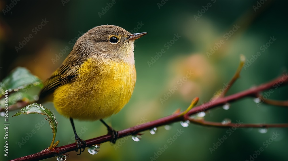 Obraz premium Bright yellow bird perched on a branch with raindrops in a lush green setting