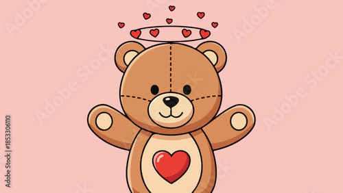 Illustration of a friendly teddy bear with a red heart on its belly and a halo-like crown with smaller hearts