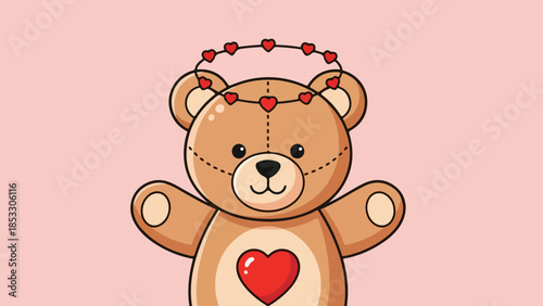 Polished illustration of a soft brown teddy bear with outstretched arms and red hearts