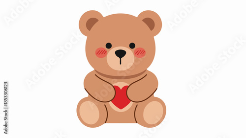 Teddy bear holding a red heart on a light beige background