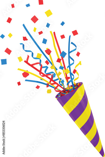 Exploding purple and yellow striped party popper with colorful confetti and streamers.