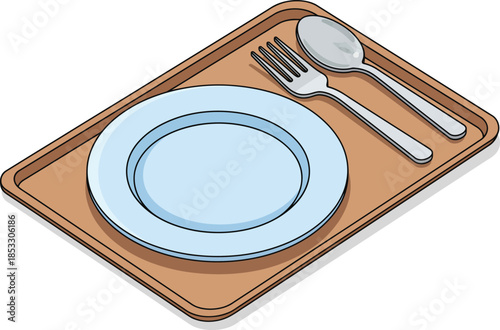Illustrated brown cafeteria tray with a light blue plate silver fork and spoon arranged for a meal.
