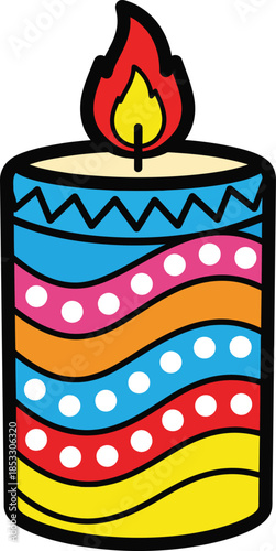Vibrant cartoon candle with colorful wavy stripes polka dots and a bright stylized flame.