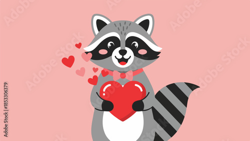 Raccoon with red heart and bow tie on pink background