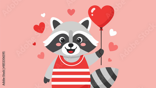 Whimsical raccoon with red and white striped shirt holding a red heart-shaped balloon on a pink background with hearts