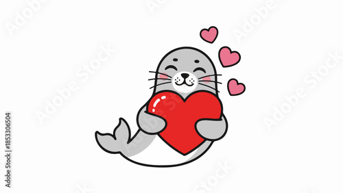 Cartoon gray seal holding a red heart with floating hearts around it