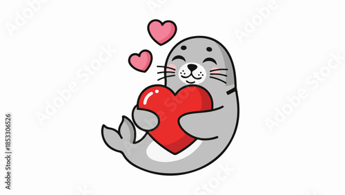 Gray seal holding a large red heart with three smaller hearts floating above