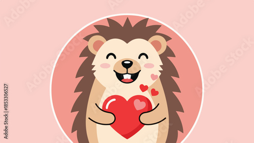 Hedgehog holding a red heart surrounded by pink hearts on a gradient pink background
