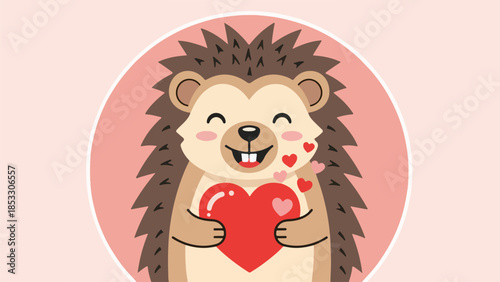 Playful cartoon hedgehog holding a red heart with pink hearts around