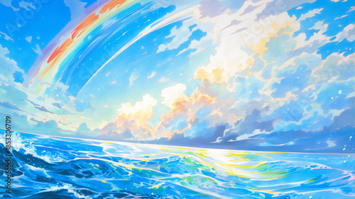 やさしい光と虹が彩る草原の幻想風景イラスト｜自然・癒し・雲・空・虹・草・アニメ背景・手描き・イメージ素材・ストーリー演出に使える美しい風景画