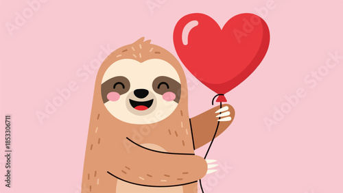 Light brown sloth with white belly holding red heart-shaped balloon on pink background