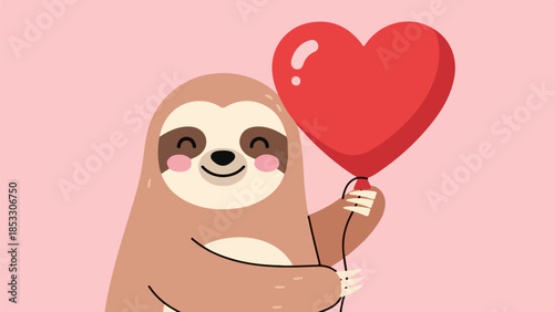 Charming sloth holding a red heart-shaped balloon illustration