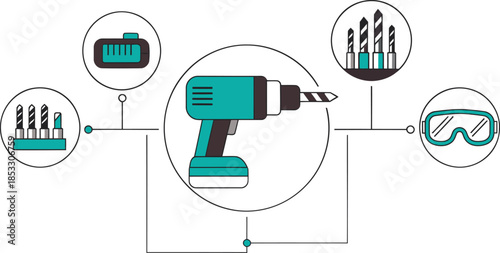 Build with ease! A stylized illustration showcases a power drill alongside tools, safety glasses, and a digital display, promoting construction and DIY projects.