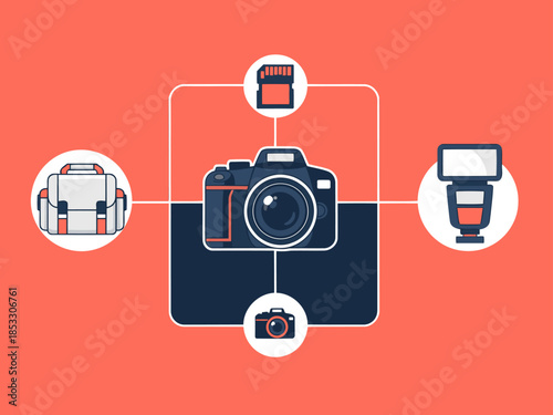 Capture stunning detail with camera, flash, memory card, and bag. Modern design, vibrant colors, and clear composition. Ideal for photography concepts.