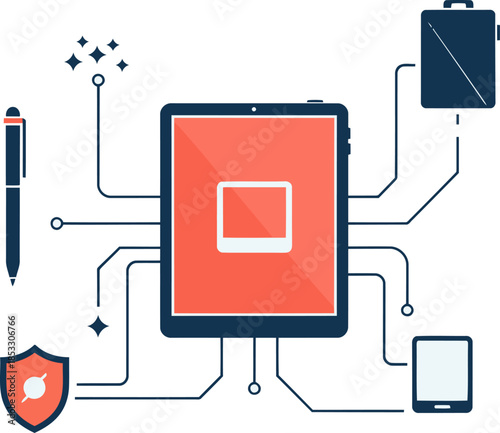 Enhance your device! A modern graphic illustrates digital connectivity with a tablet, pen, and smartphone, symbolizing technological upgrades and seamless integration. Clean, flat design.
