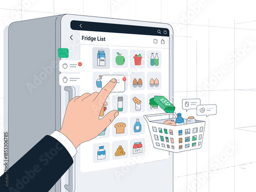 A hand interacts with a fridge list displayed on a smart refrigerator screen. An AI grocery assistant concept, showcasing modern technology and efficient meal planning.