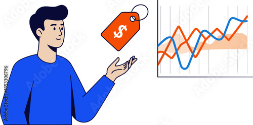 A man gestures towards a dynamic price chart, illustrating price fluctuation. Modern, professional illustration for business concepts.